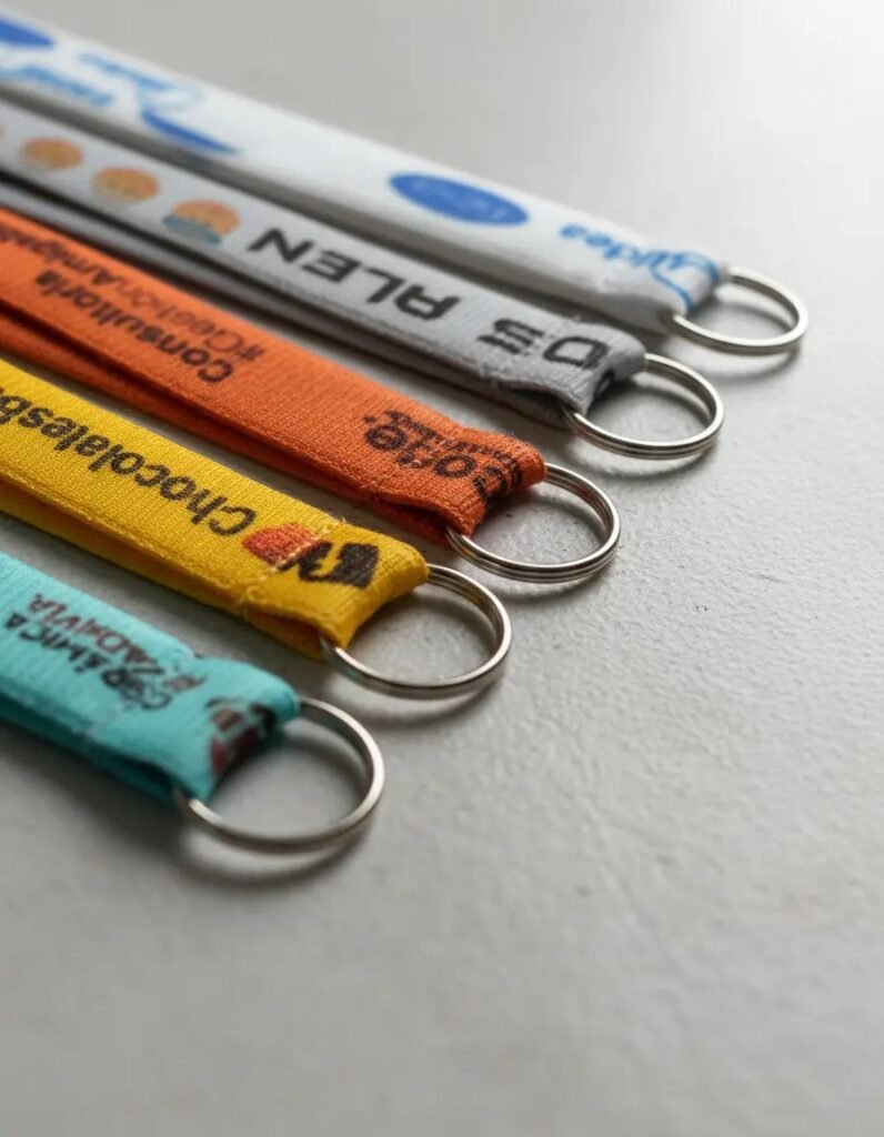 Cintas lanyards sublimadas personalizadas para empresas con terminación en argolla sin fin metálica y costura reforzada de MD Promo.