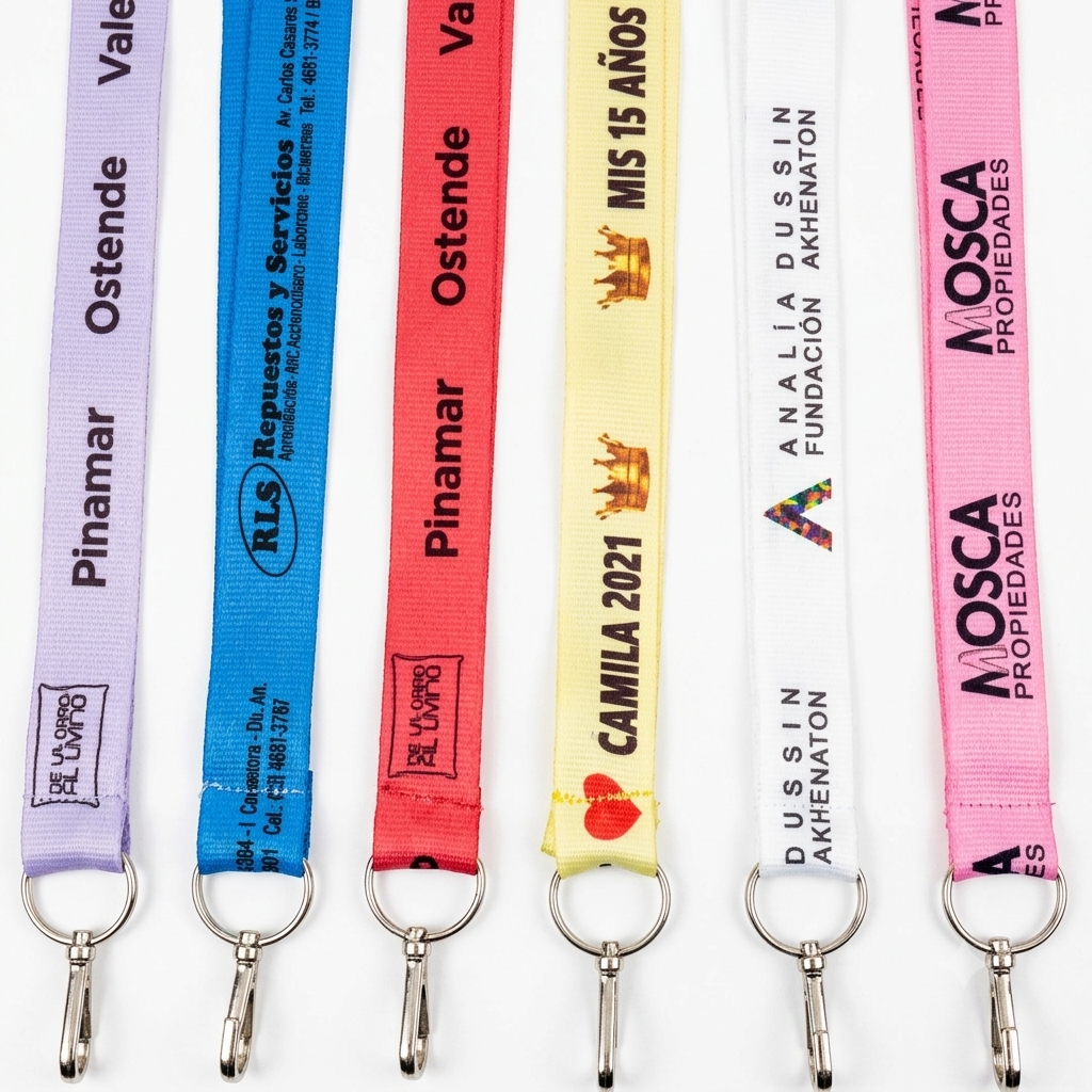 Cinta colgante sublimada de 20mm con mosquetón y argolla metálica para acreditaciones.
