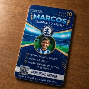 Credencial de plástico personalizada con datos impresos y diseño de pase para fiestas, eventos y cumpleaños, congresos y ferias.