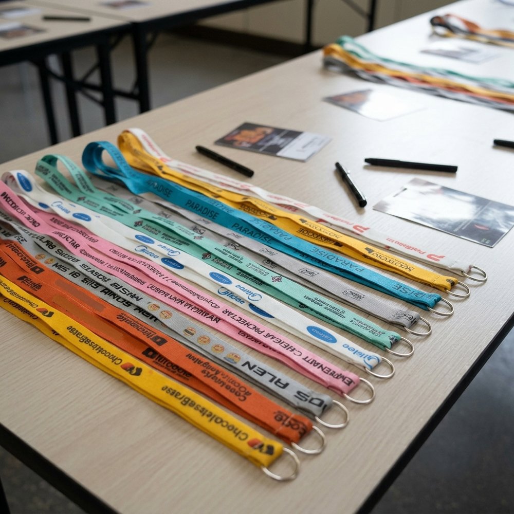 Lanyards personalizados con argolla sin fin para acreditación en empresas y eventos corporativos.