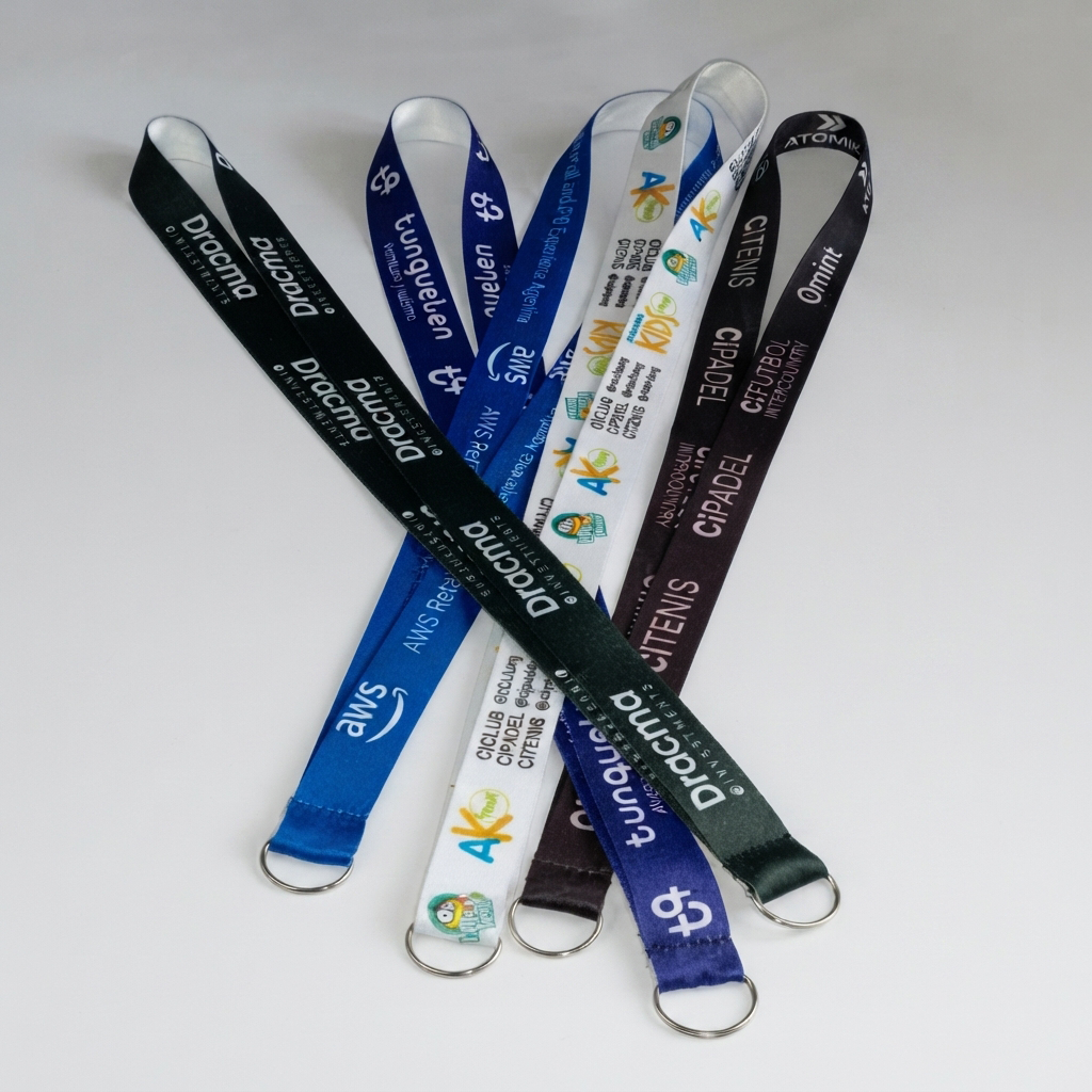 Cinta de raso brillante satinada personalizada con impresión sublimada full color y argolla metálica.